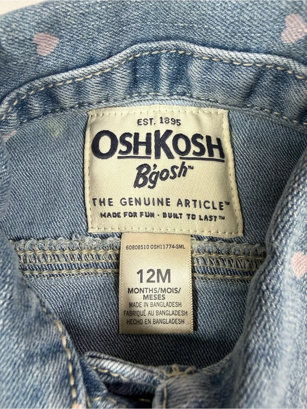 NWT OSHKOSH B'GOSH Toddler Girls' Light Wash Denim Heart Jean‎ Jacket 12m NEW